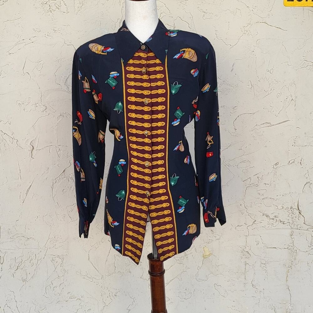 VTG Liz Claiborne printed Silk Drum Major Cap flags Top black 10P